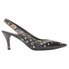 LOUIS VUITTON black multicolour monogram gold stud slingback pump EU36.5