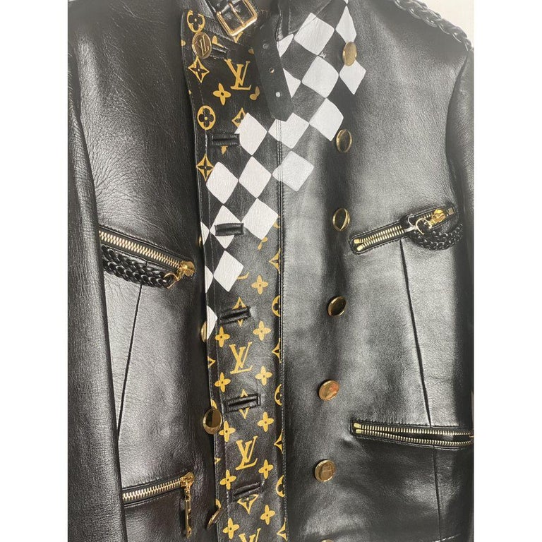 Louis Vuitton Jacket Black Leather Jeweled Buttons Floral Lining
