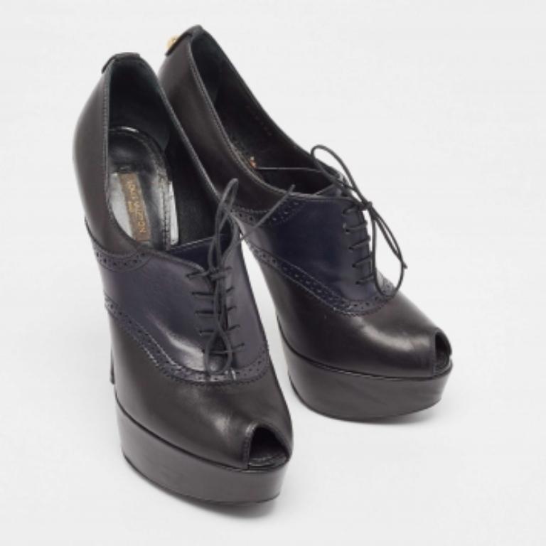 Schwarz/Navy Blau Leder Peep Toe Plateau-Spitzenstiefel von Louis Vuitton Größe 39 im Zustand „Gut“ im Angebot in Dubai, Al Qouz 2