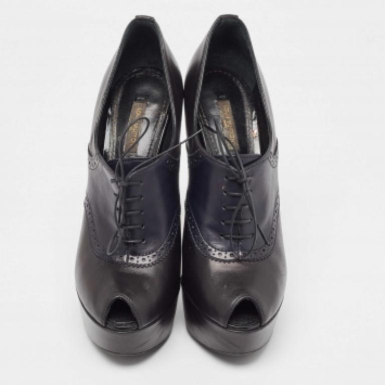 Schwarz/Navy Blau Leder Peep Toe Plateau-Spitzenstiefel von Louis Vuitton Größe 39 Damen im Angebot