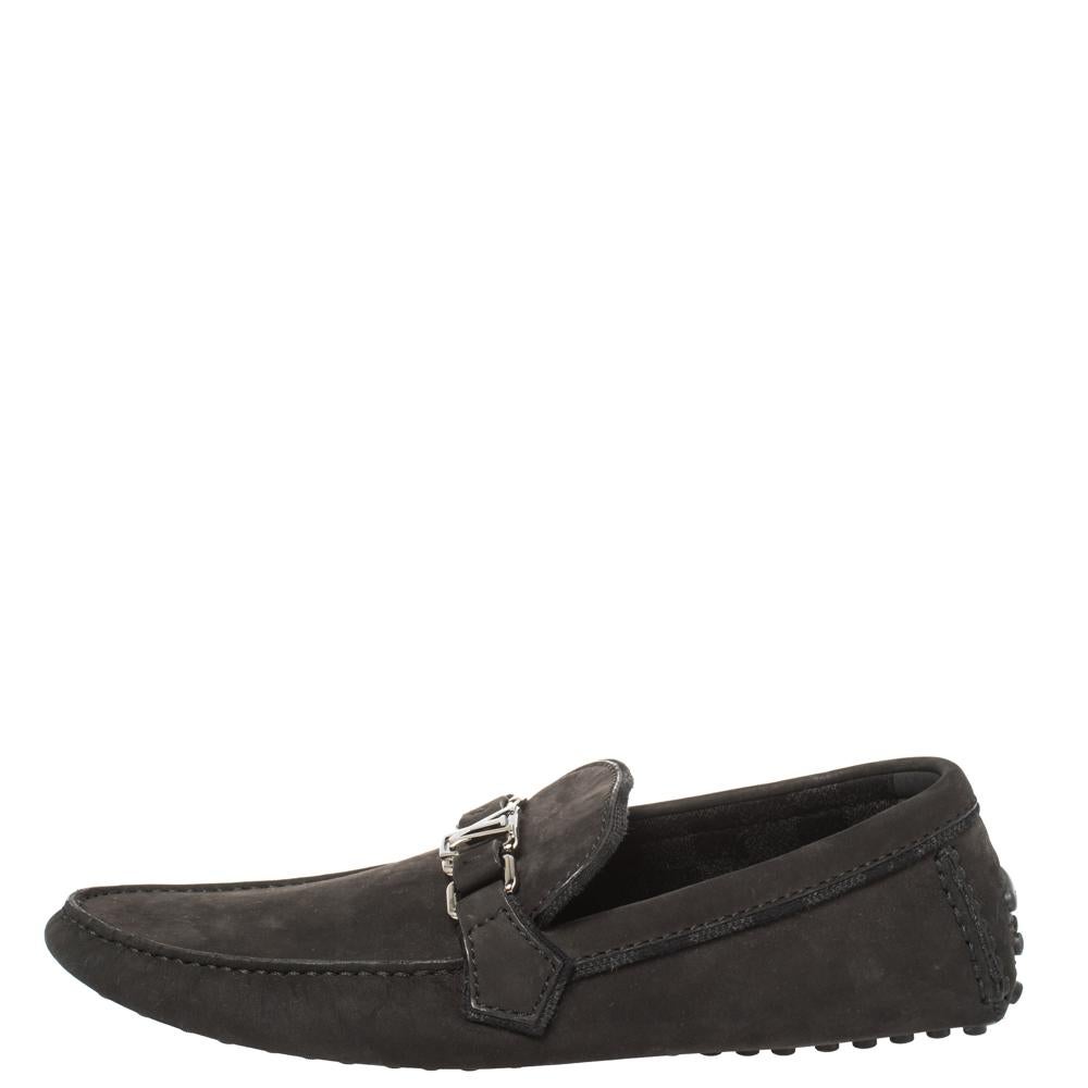 Loafers like these ones from Louis Vuitton are worth every penny because they epitomize both comfort and style. Crafted from black nubuck, they carry neat stitch detailing and the signature LV on the uppers. Complete with leather insoles, this pair