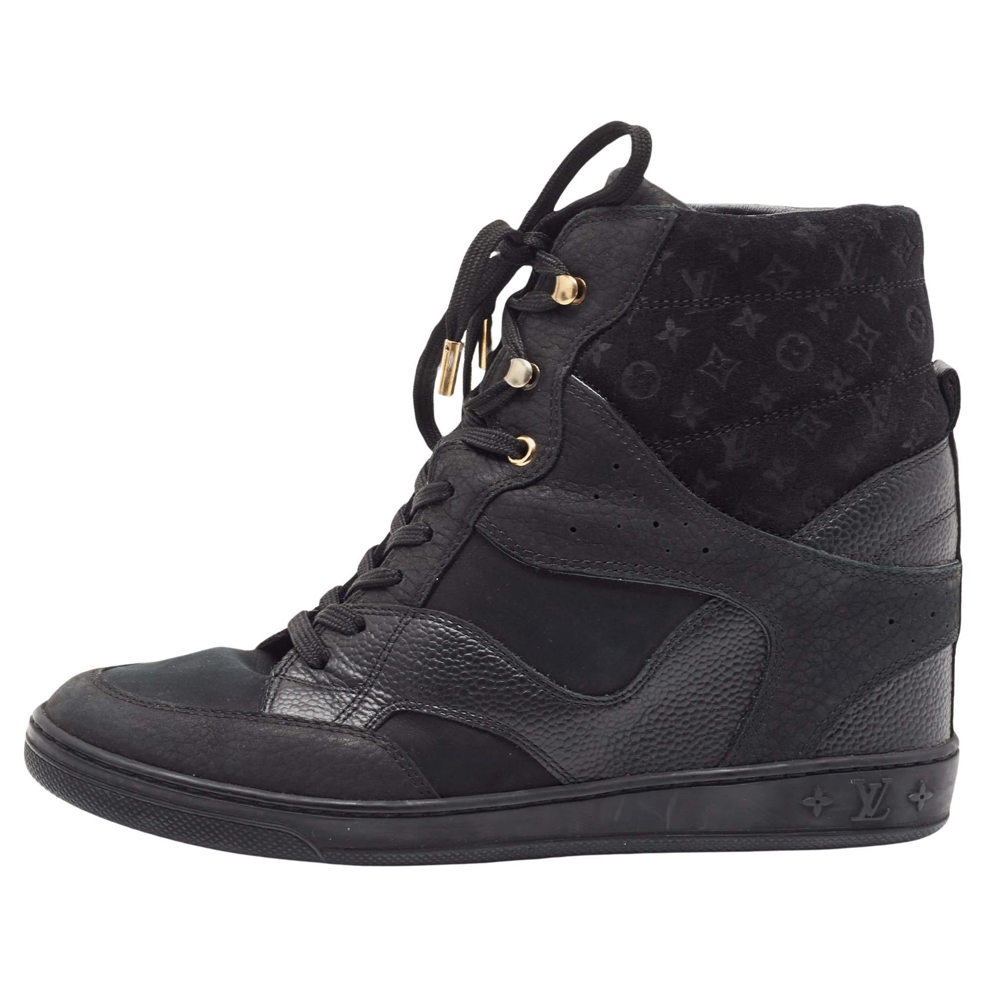 Louis Vuitton Black Nubuck Leather and Monogram Suede Cliff High Top Sneakers Si