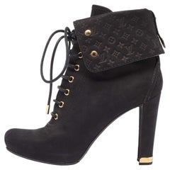 Louis Vuitton Black Nubuck Leather Lace Up Ankle Booties Size 39.5