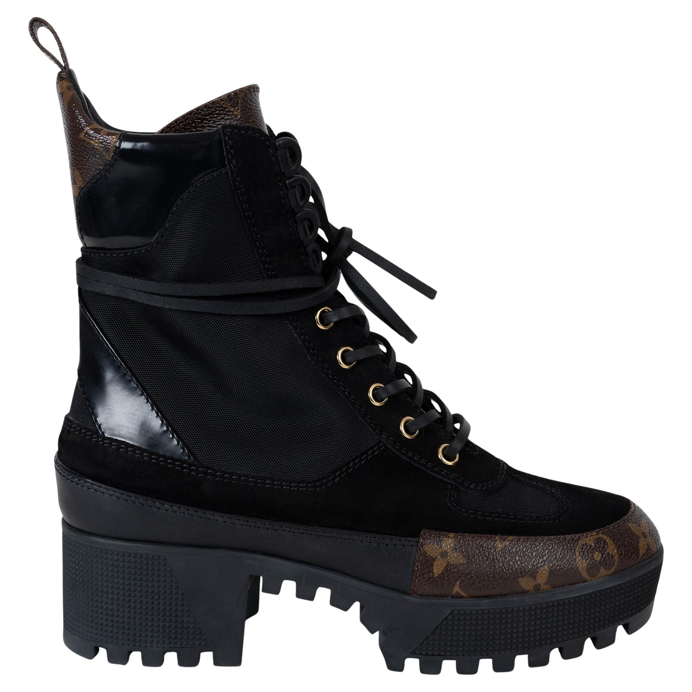 LOUIS VUITTON nylon noir LAUREATE PLATFROM DESERT Bottes Chaussures 38