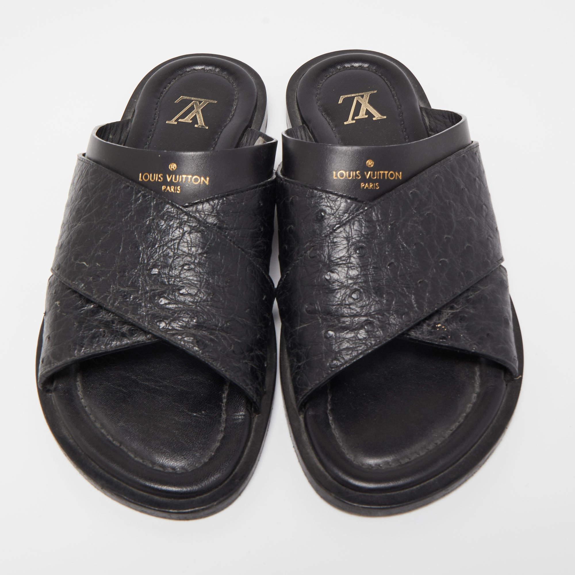 Women's Louis Vuitton Black Ostrich Leather Foch Sandals