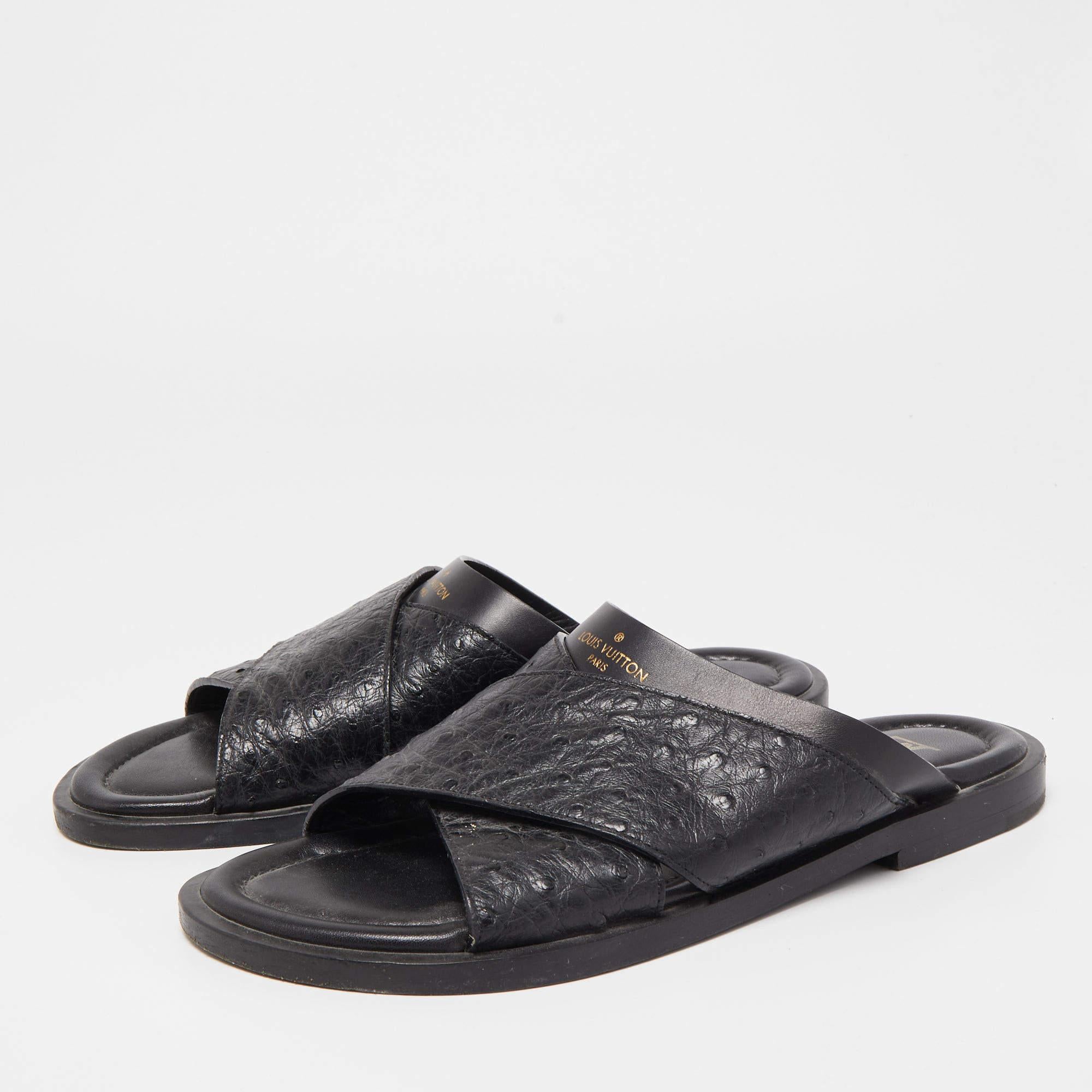 Louis Vuitton Black Ostrich Leather Foch Sandals 1