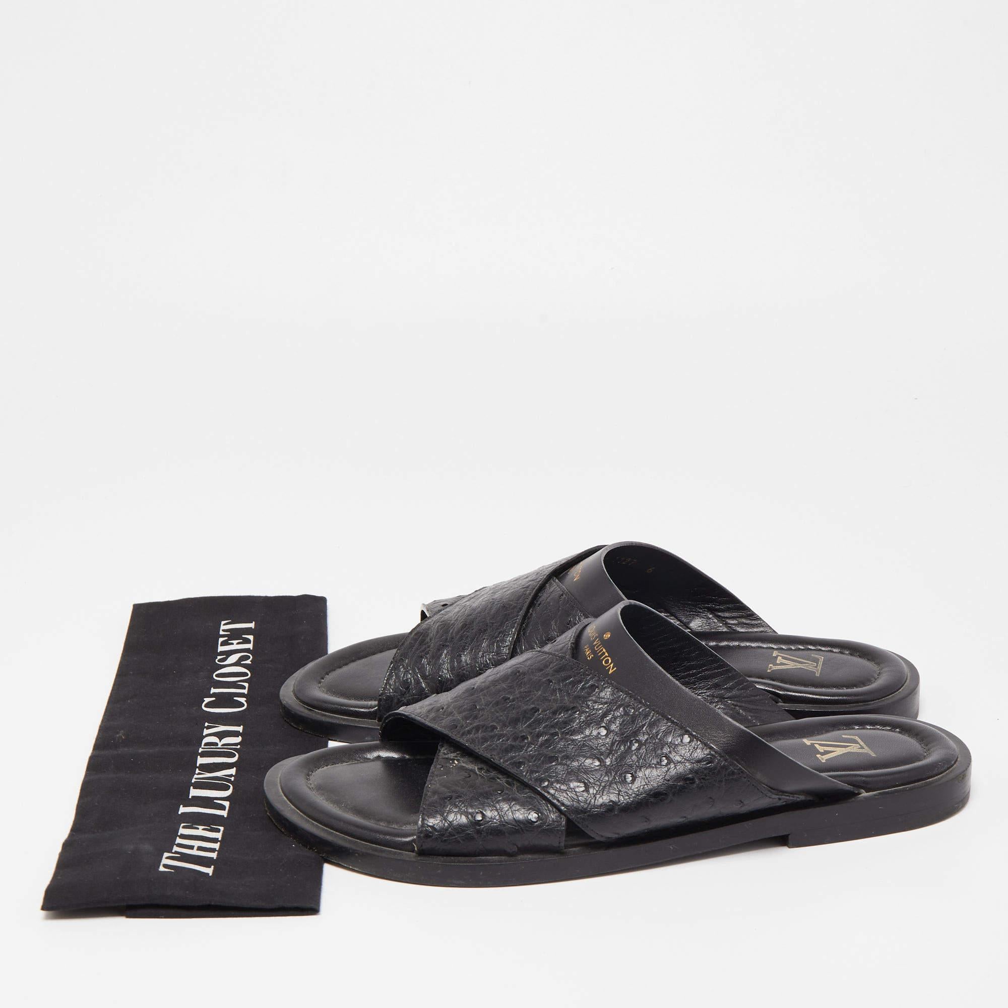 Louis Vuitton Black Ostrich Leather Foch Sandals 4