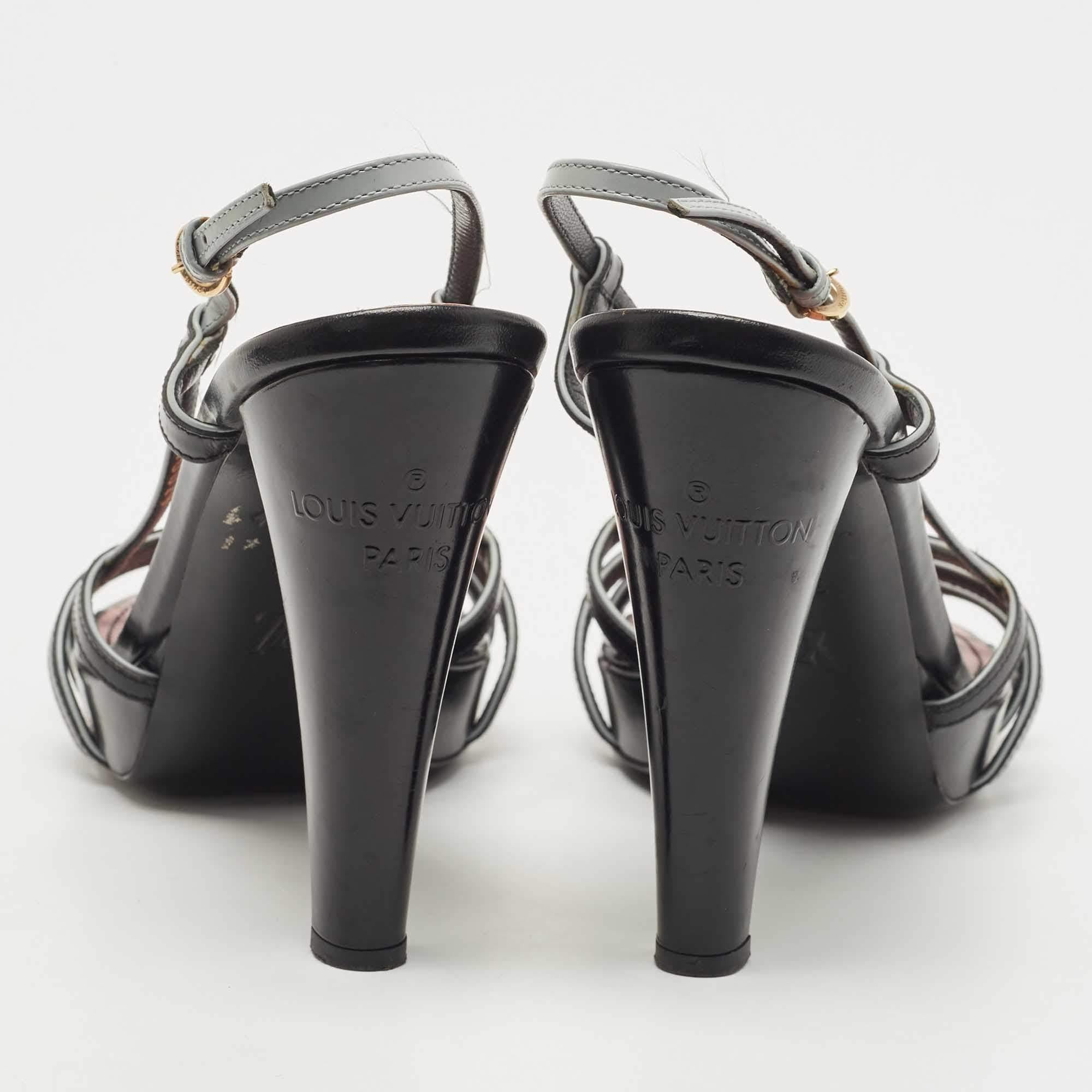 Louis Vuitton Black/Pale Blue Leather Strappy Slingback Sandals Size 37.5 For Sale 1