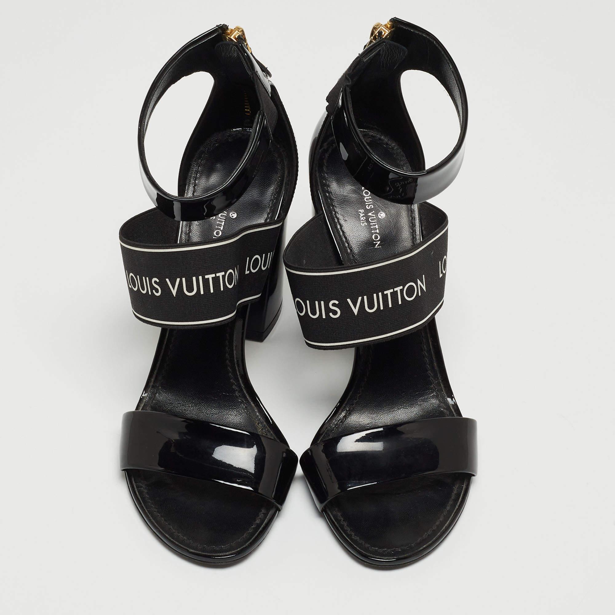 Louis Vuitton Black Patent Leather and Logo Elastic Ankle Strap Sandals Size 37. In Good Condition In Dubai, Al Qouz 2