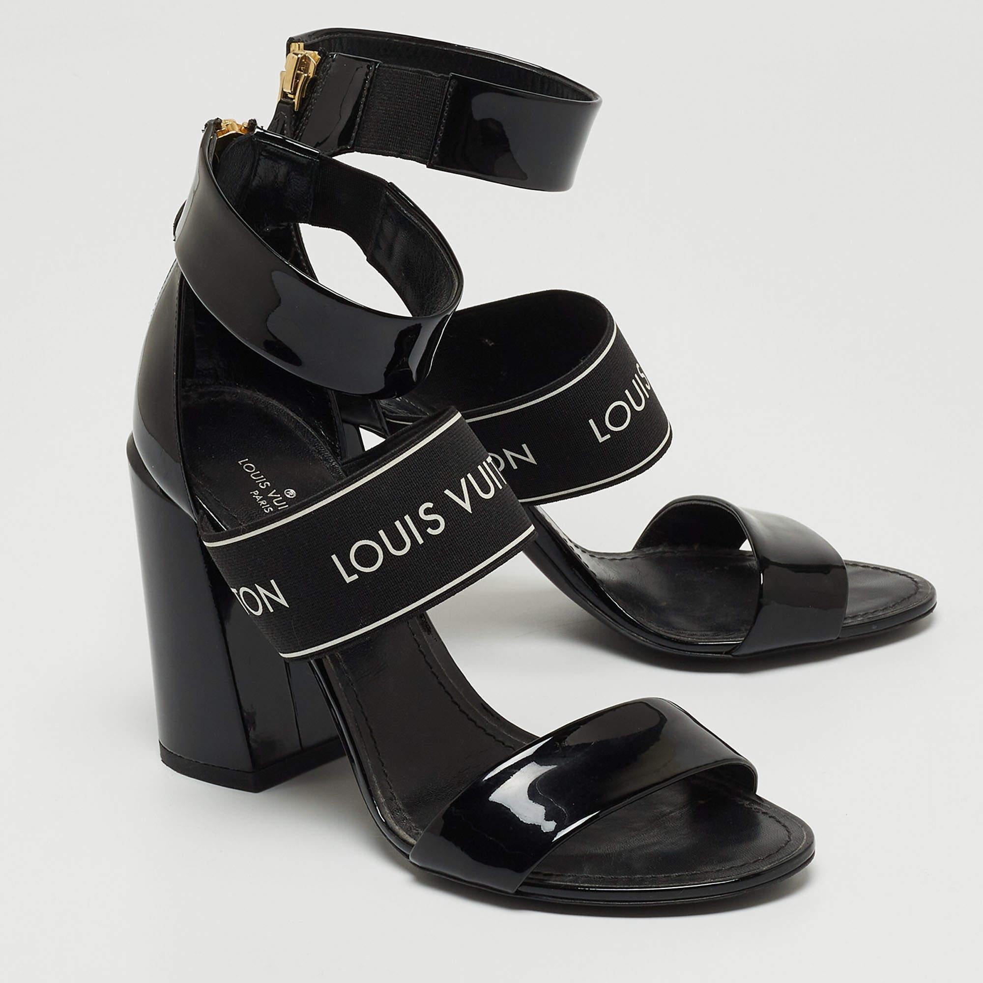 Louis Vuitton Black Patent Leather and Logo Elastic Ankle Strap Sandals Size 37. 1
