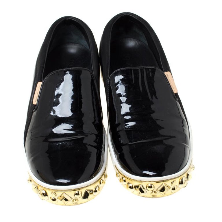 Louis Vuitton Black Patent Leather and Suede Studded Slip On Sneakers Size  36.5 For Sale at 1stDibs