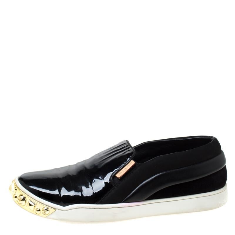 Louis Vuitton Black Patent Leather and Suede Studded Slip On Sneakers Size 36.5 In Good Condition For Sale In Dubai, Al Qouz 2