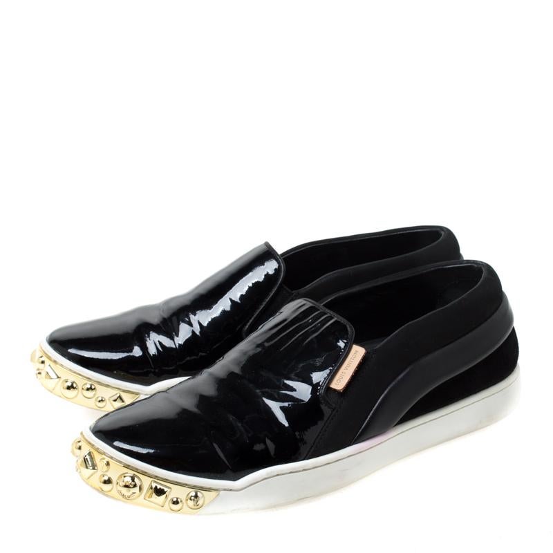 Louis Vuitton Black Patent Leather and Suede Studded Slip On Sneakers Size 36.5 For Sale 1