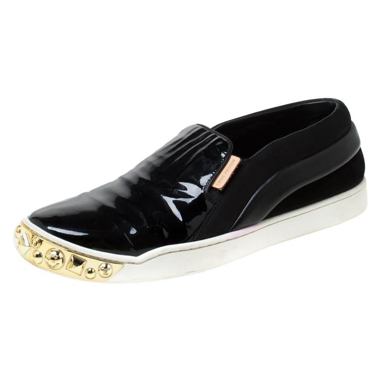Louis Vuitton Black Patent Leather and Suede Studded Slip On Sneakers Size 36.5