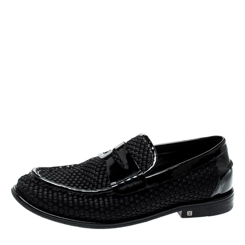 Louis Vuitton Black Patent Leather And Woven Satin Penny Slip On Loafers Size 40 2