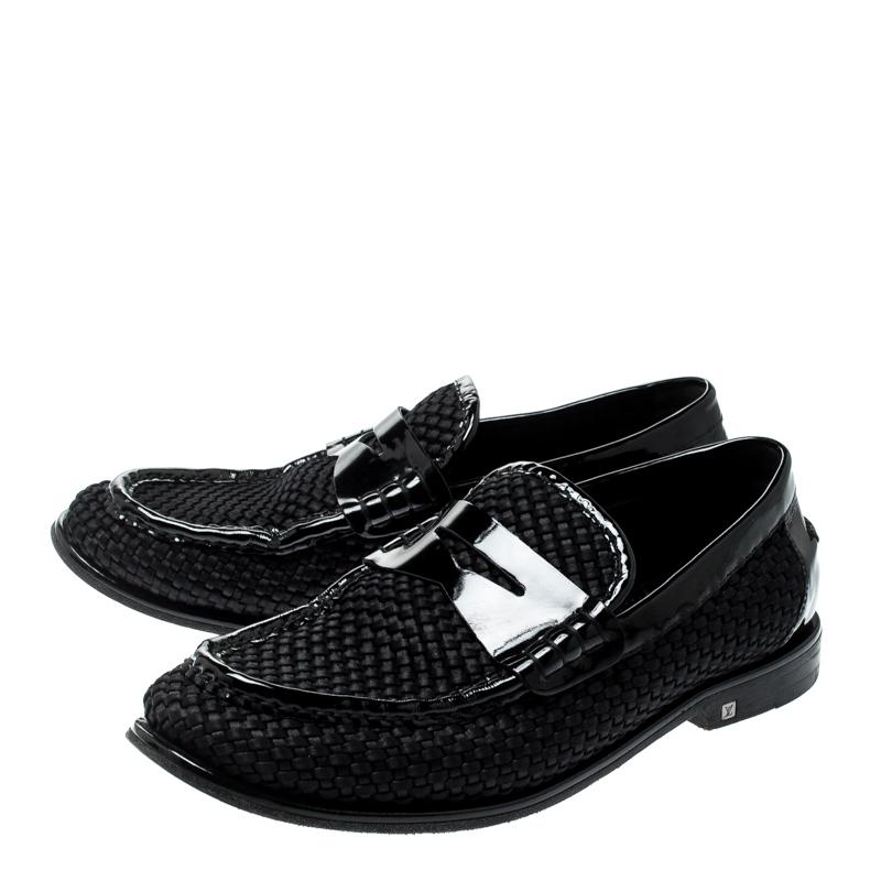Louis Vuitton Black Patent Leather And Woven Satin Penny Slip On Loafers Size 40 3