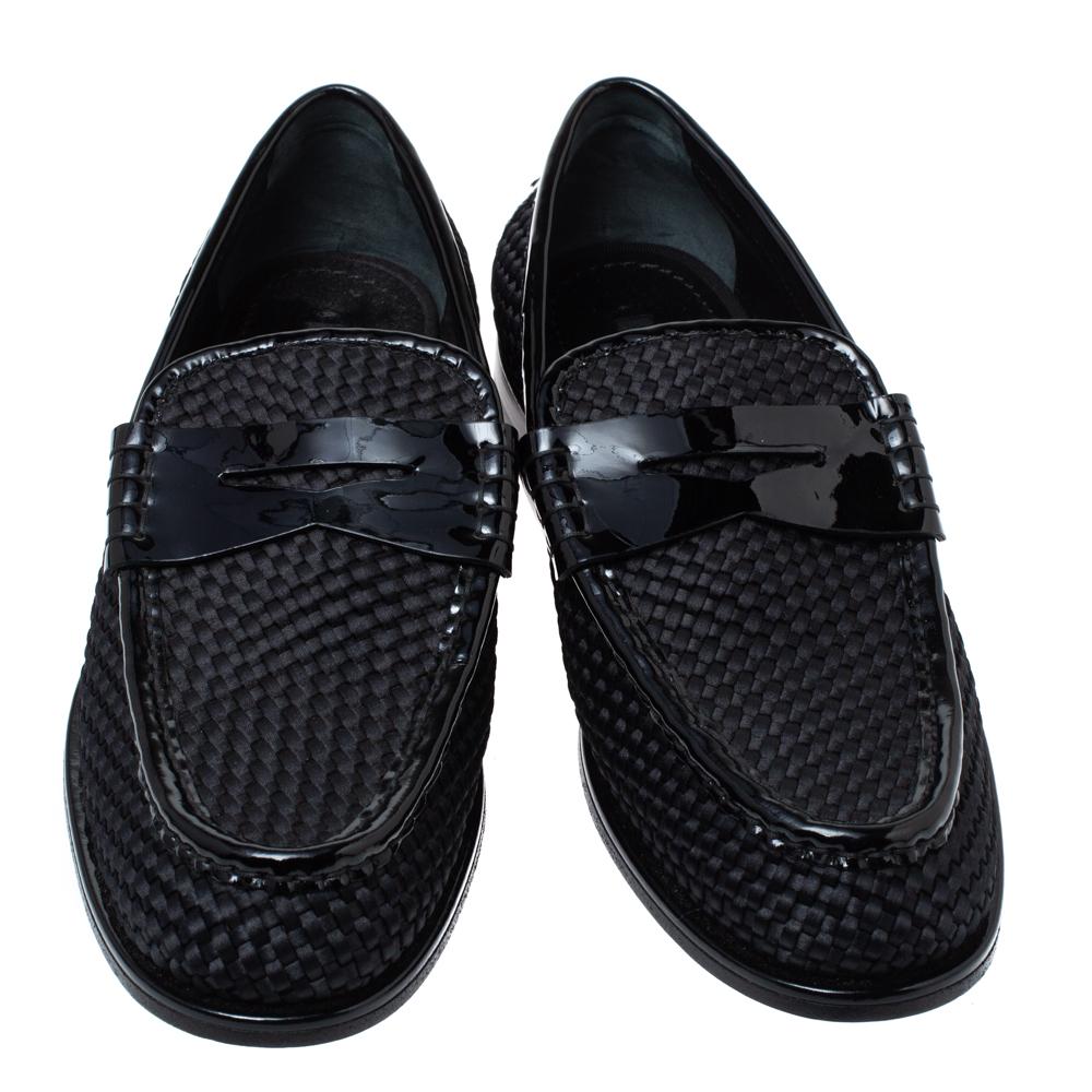 Louis Vuitton Black Patent Leather And Woven Satin Penny Slip On Loafers Size 41 In New Condition In Dubai, Al Qouz 2