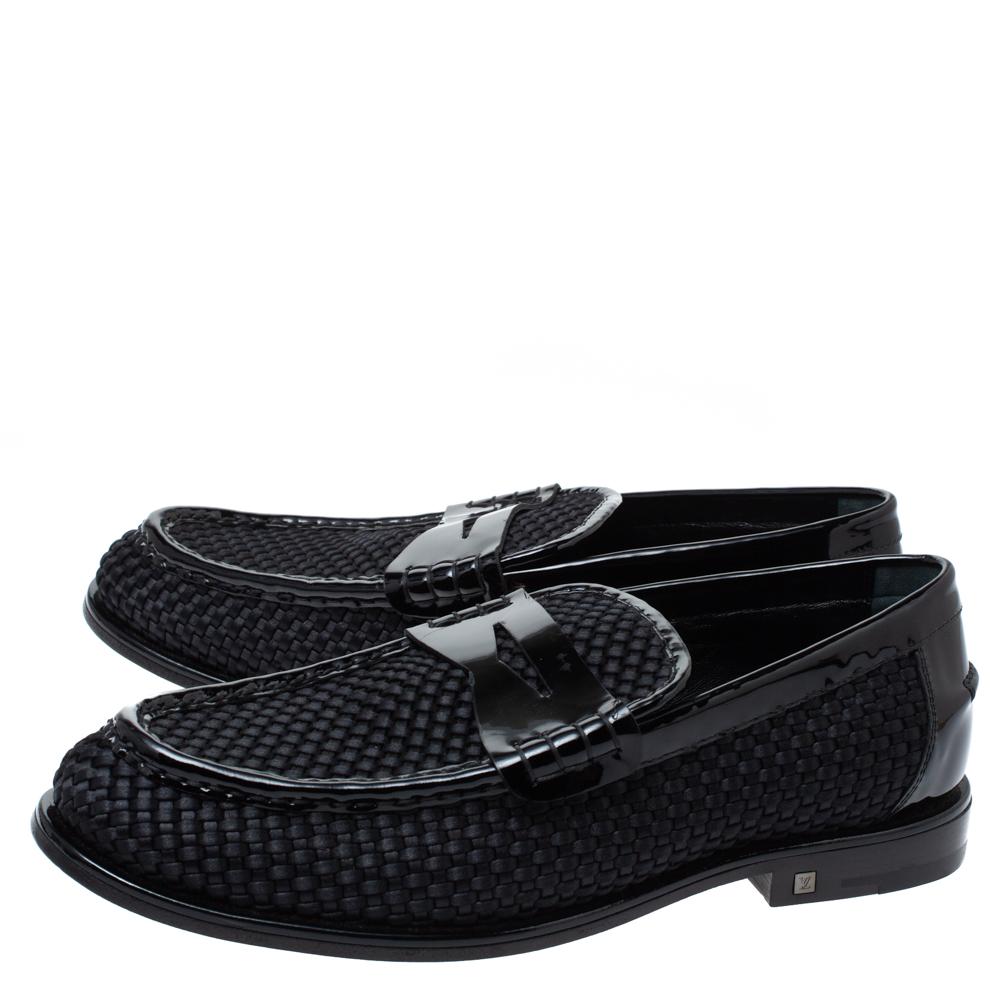 Louis Vuitton Black Patent Leather And Woven Satin Penny Slip On Loafers Size 41 1
