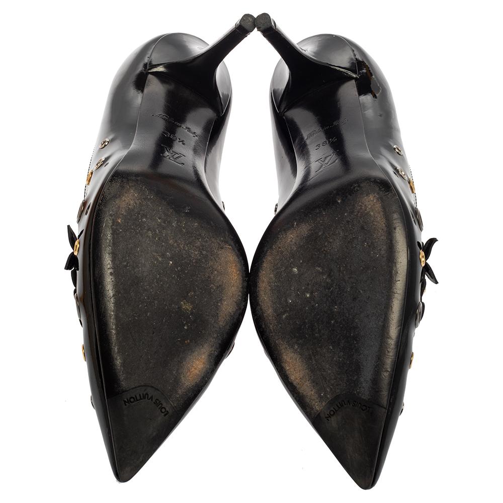 Women's Louis Vuitton Black Patent Leather Applique Pointed Toe Pumps Size 38.5
