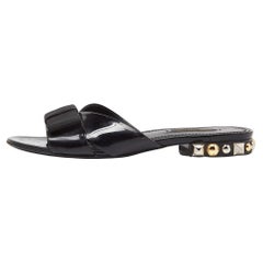 Used Louis Vuitton Black Patent Leather Bow Flat Slides Size 37