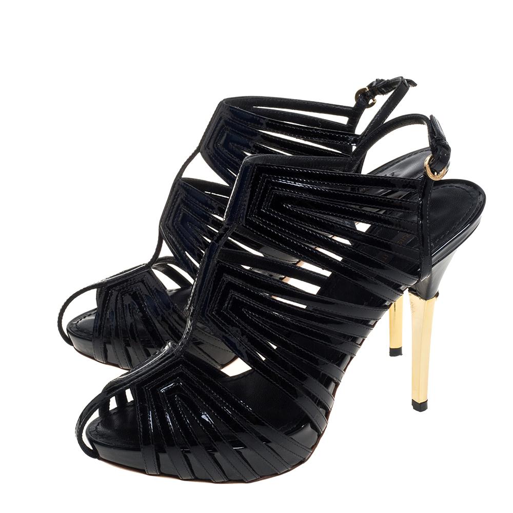 Louis Vuitton Black Patent Leather Caged Slingback Sandals Size 37 3