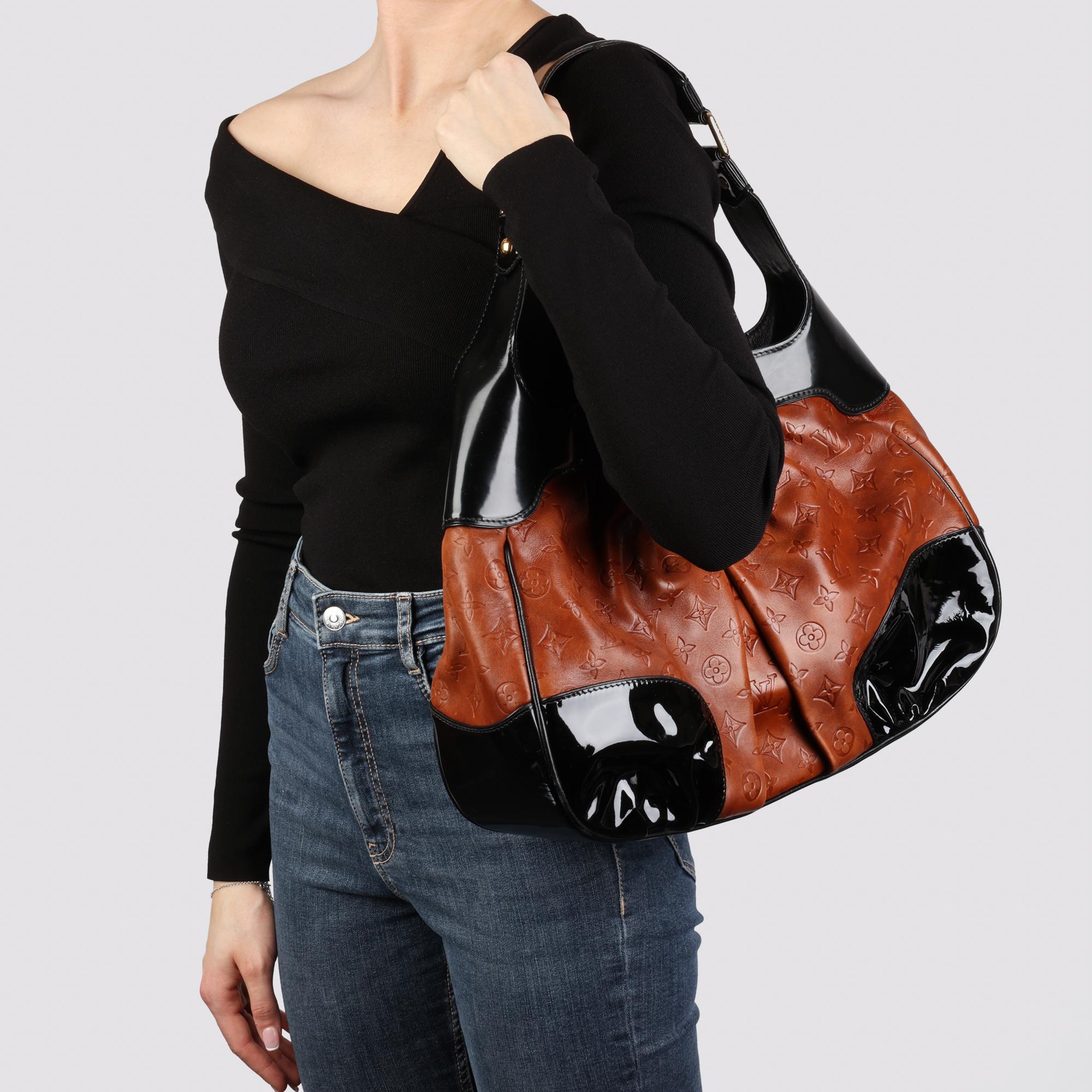 LOUIS VUITTON Black Patent Leather & Caramel Embossed Calfskin Leather Polly 6