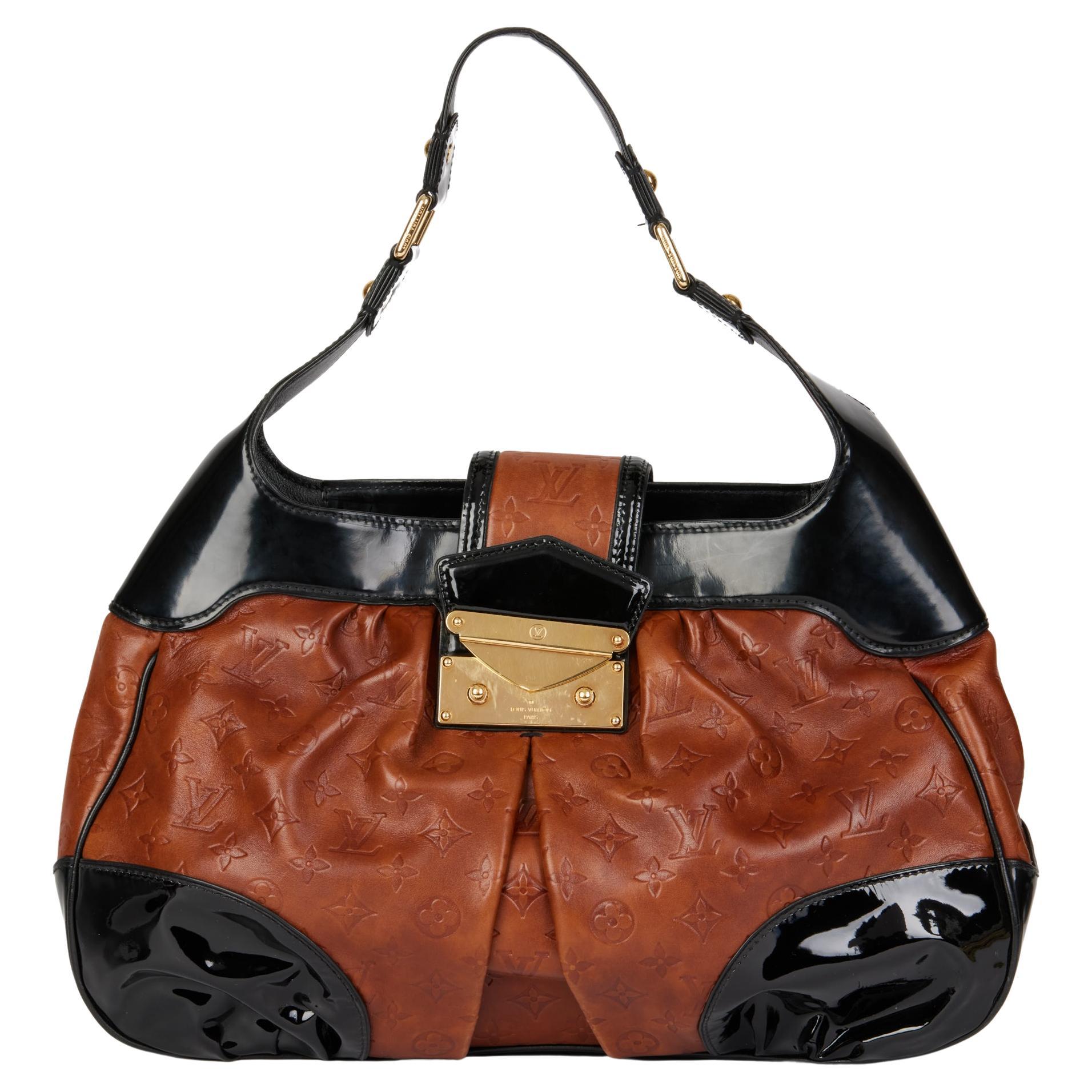 LOUIS VUITTON Black Patent Leather & Caramel Embossed Calfskin Leather Polly