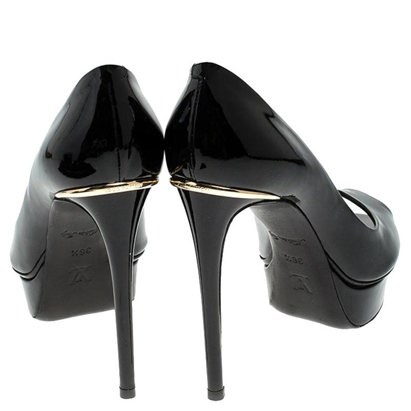 Women's Louis Vuitton Black Patent Leather Eyeline Peep Toe Platform Pumps Size 36.5