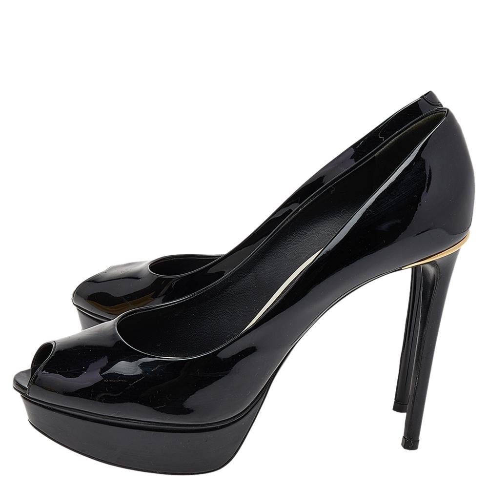 Women's Louis Vuitton Black Patent Leather Eyeline Peep Toe Platform Pumps Size 39 For Sale