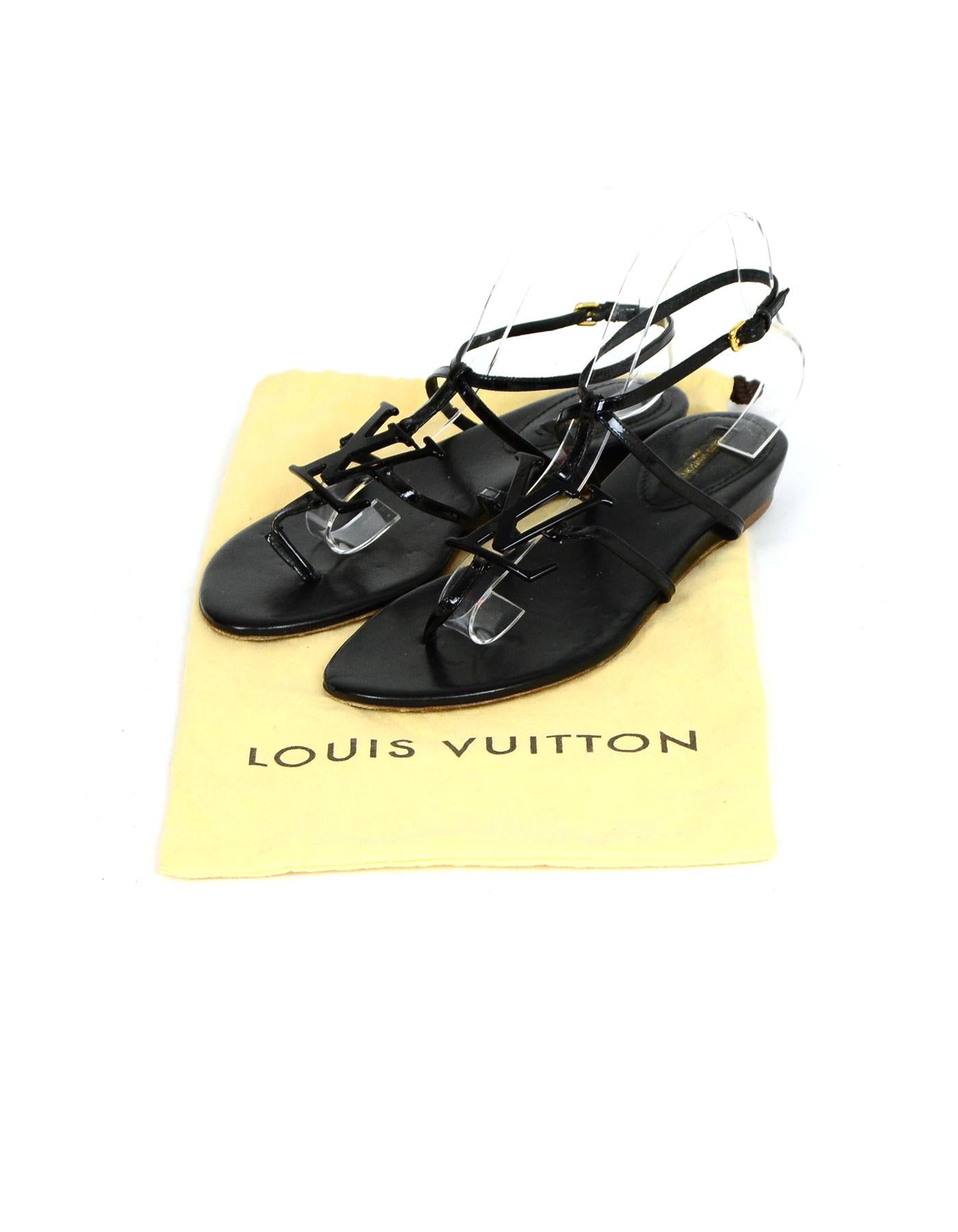 Louis Vuitton Black Patent Leather Flat Sandal w/ Resin LV 1