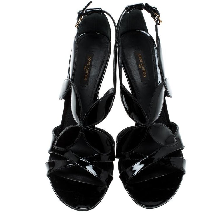 Louis Vuitton Black Patent Leather Fleur Cross Strap Platform Sandals Size 40 For Sale at 1stdibs
