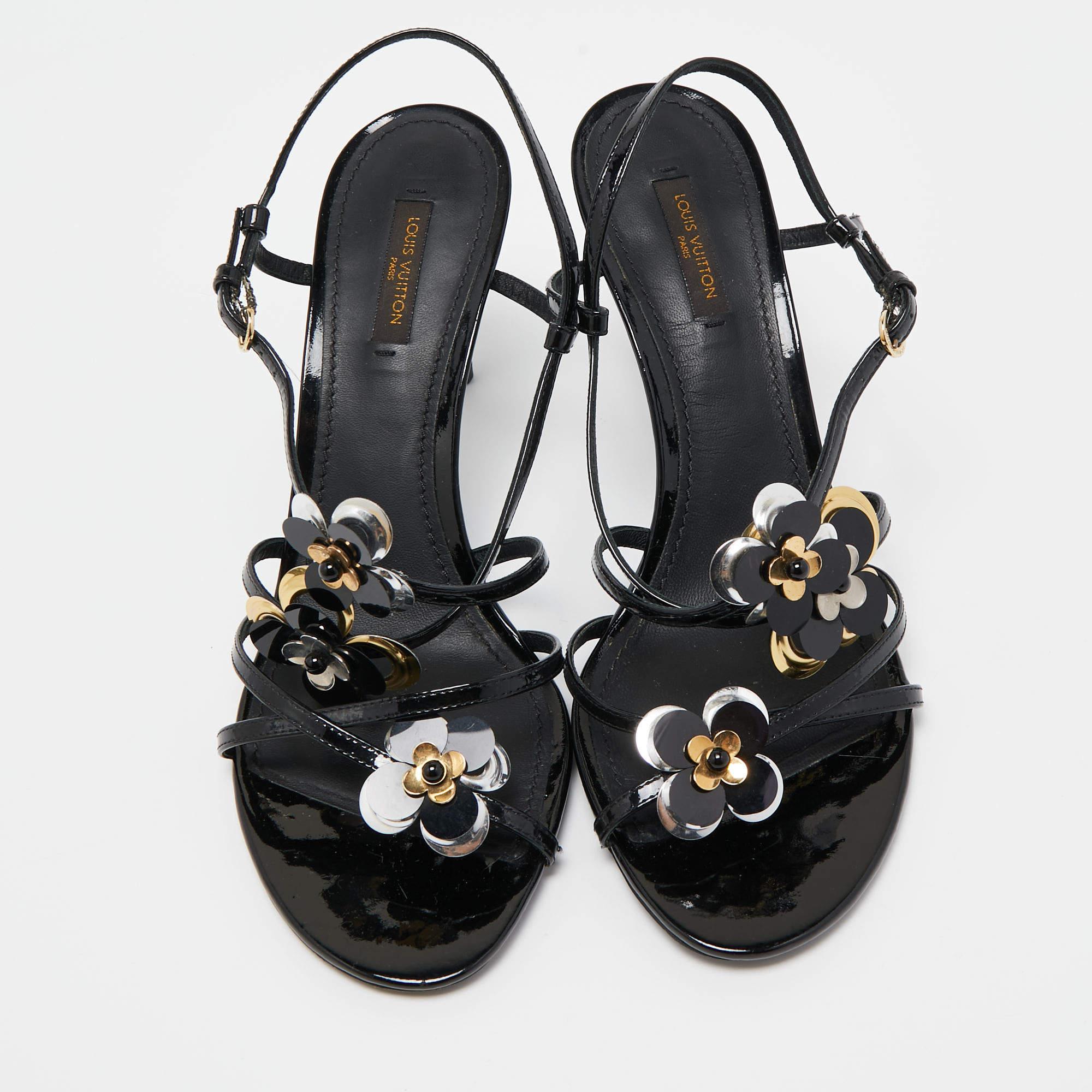Women's Louis Vuitton Black Patent Leather Flower Embellished Slingback Sandals Size 40