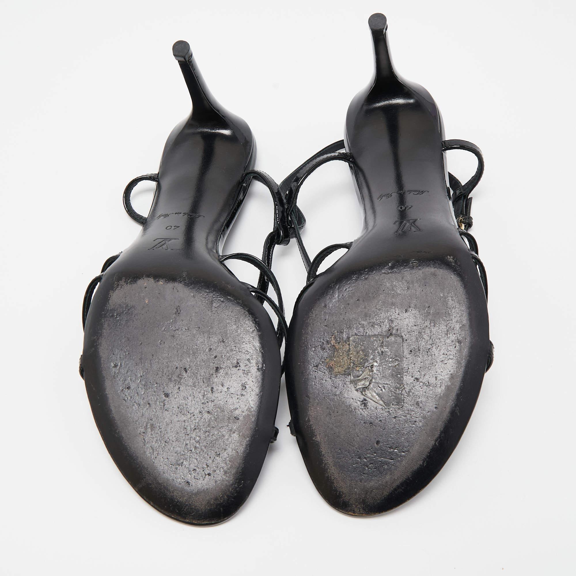 Louis Vuitton Black Patent Leather Flower Embellished Slingback Sandals Size 40 1