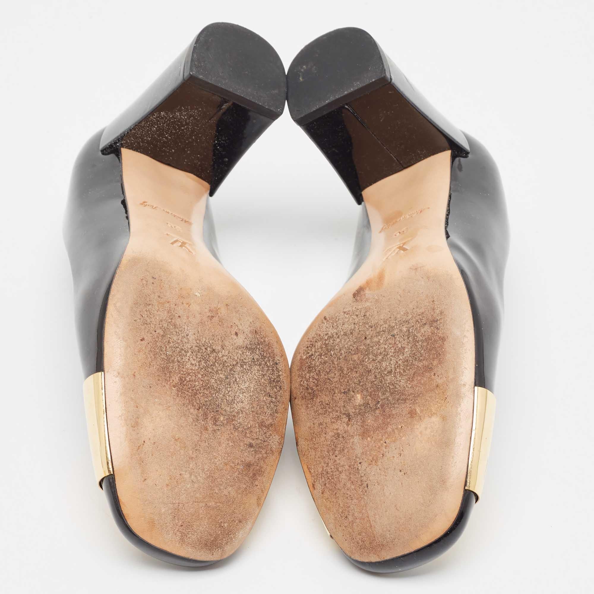 Louis Vuitton Black Patent Leather Gold Plate Block Heel Pumps Size 36 3