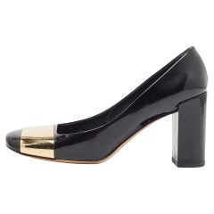 Used Louis Vuitton Black Patent Leather Gold Plate Block Heel Pumps Size 36