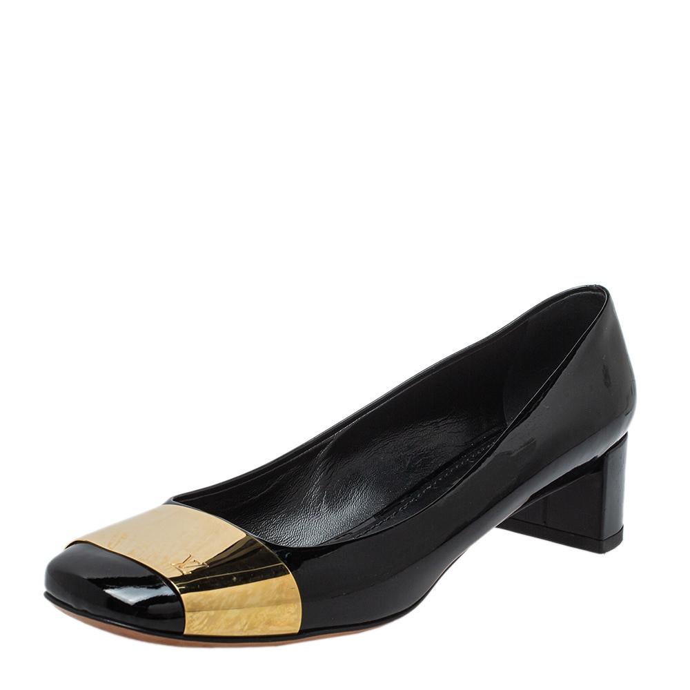 Louis Vuitton Black Patent Leather Gold Plate Block Heel Pumps Size 38