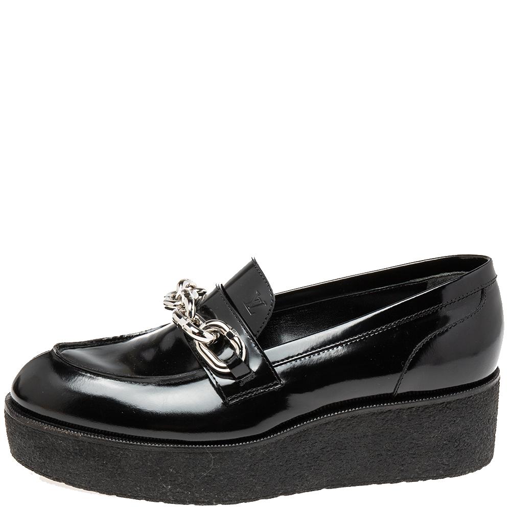Louis Vuitton Black Patent Leather Graduate Platform Loafers Size 38.5 1