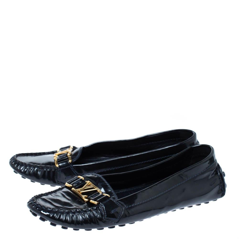 Women's Louis Vuitton Black Patent Leather Logo Slip On Loafers Size 41