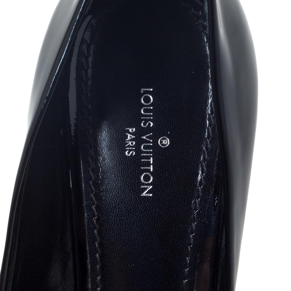 Women's Louis Vuitton Black Patent Leather LV Logo Peep Toe Platform Pumps Size 37.5