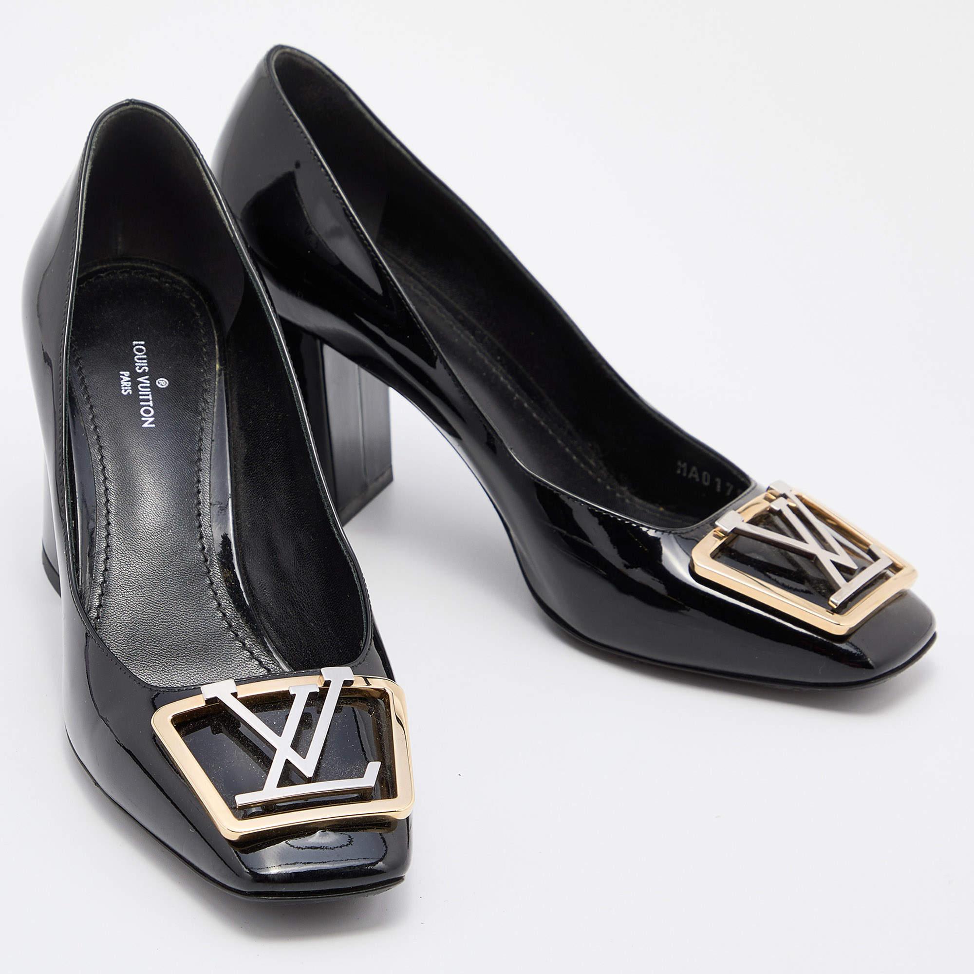 Louis Vuitton Black Patent Leather Madeleine Block Heel Pumps Size 37.5 1