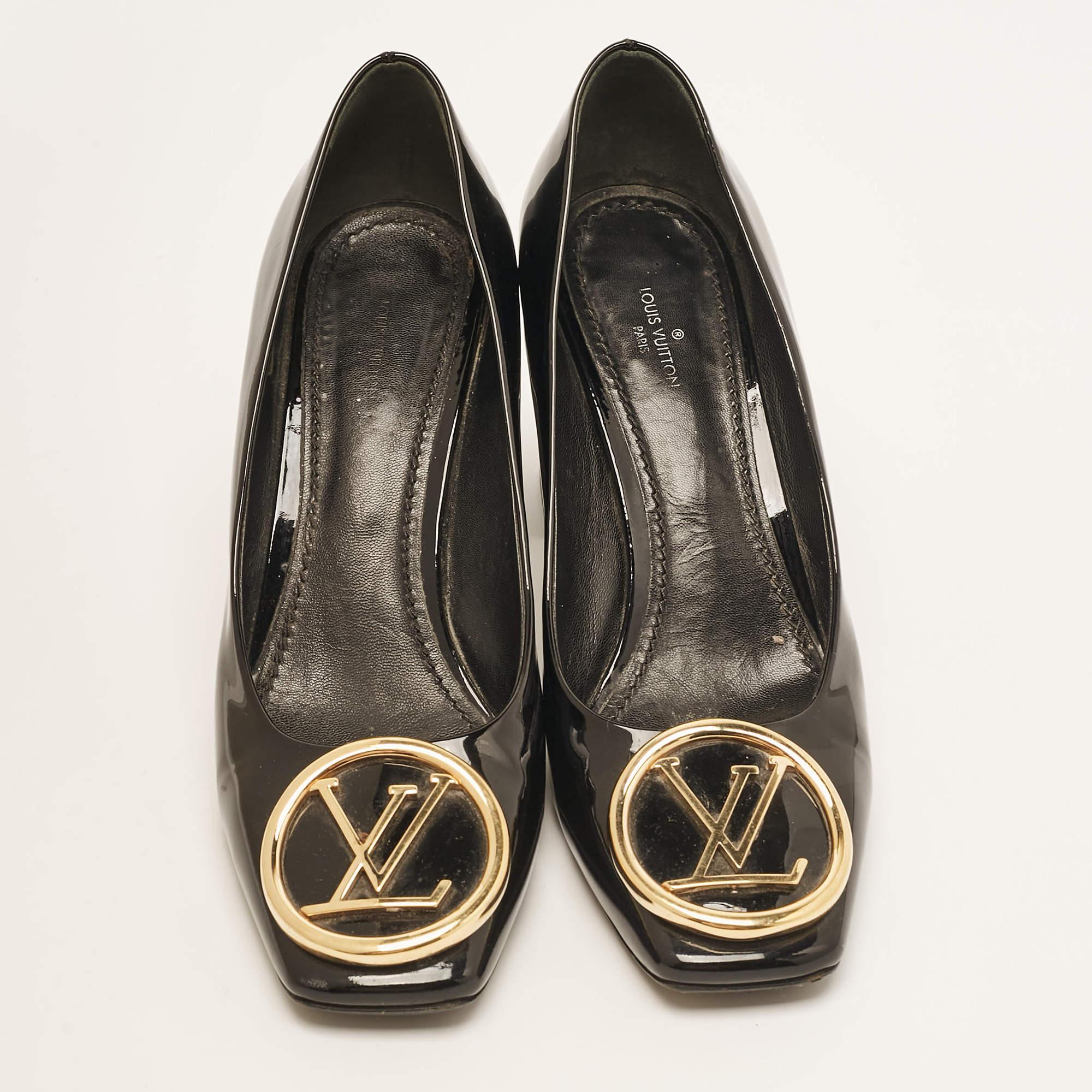 Louis Vuitton Black Patent Leather Madeleine Block Heel Pumps Size 38.5 In Good Condition In Dubai, Al Qouz 2
