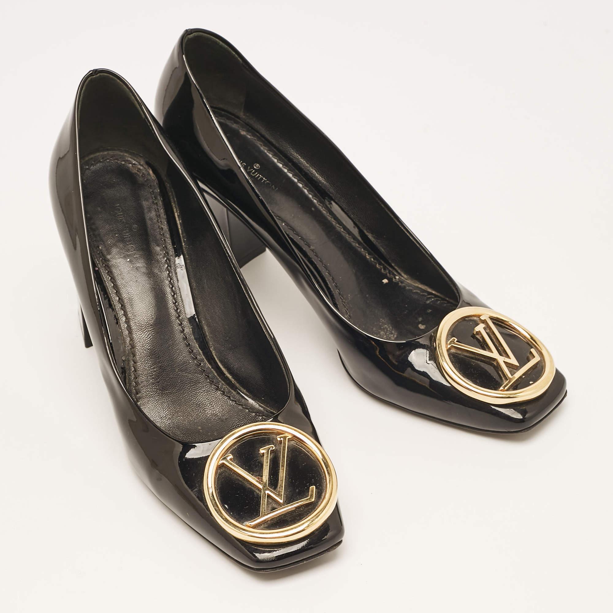 Women's Louis Vuitton Black Patent Leather Madeleine Block Heel Pumps Size 38.5