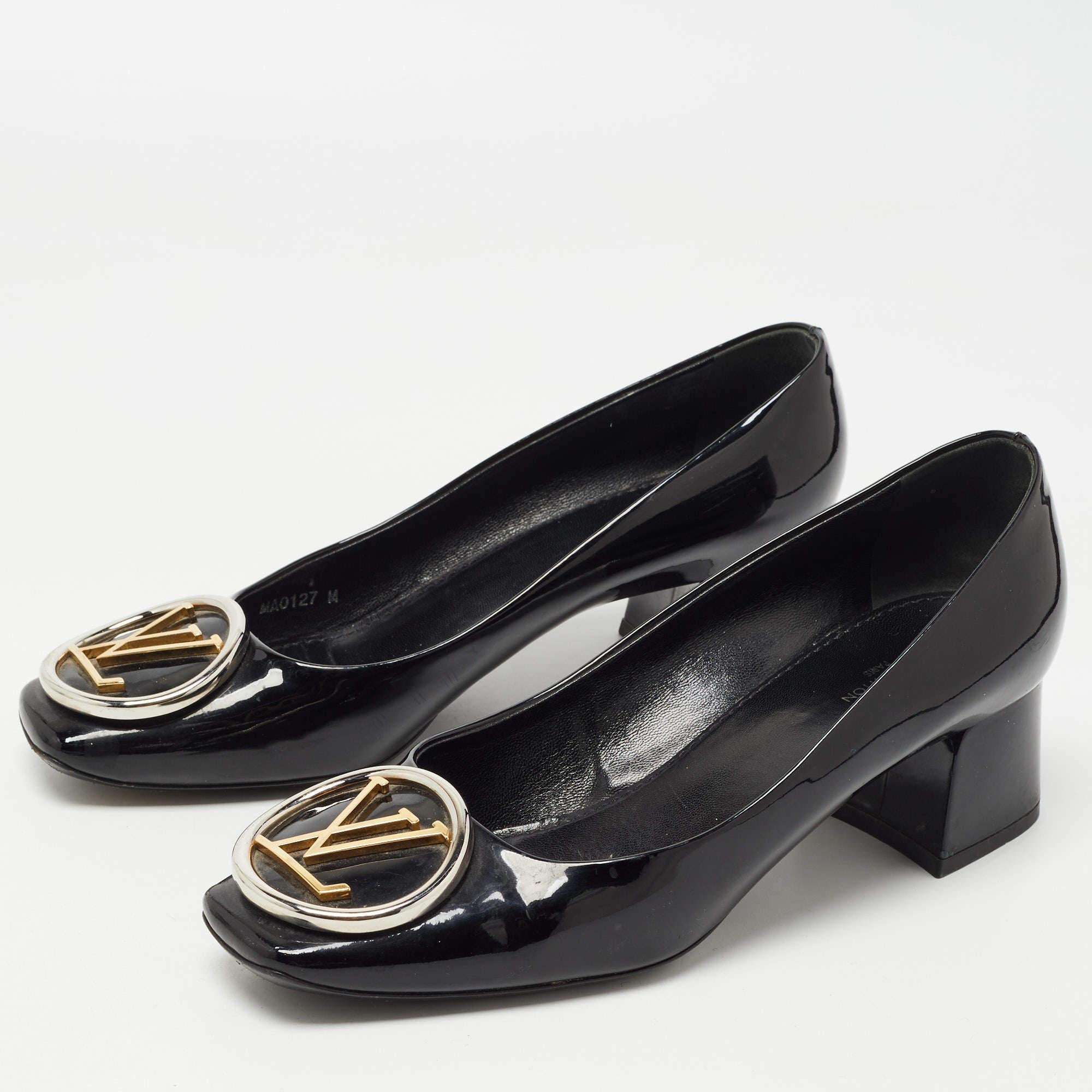 Louis Vuitton Black Patent Leather Madeleine Logo Block Heel Pumps Size 37 1