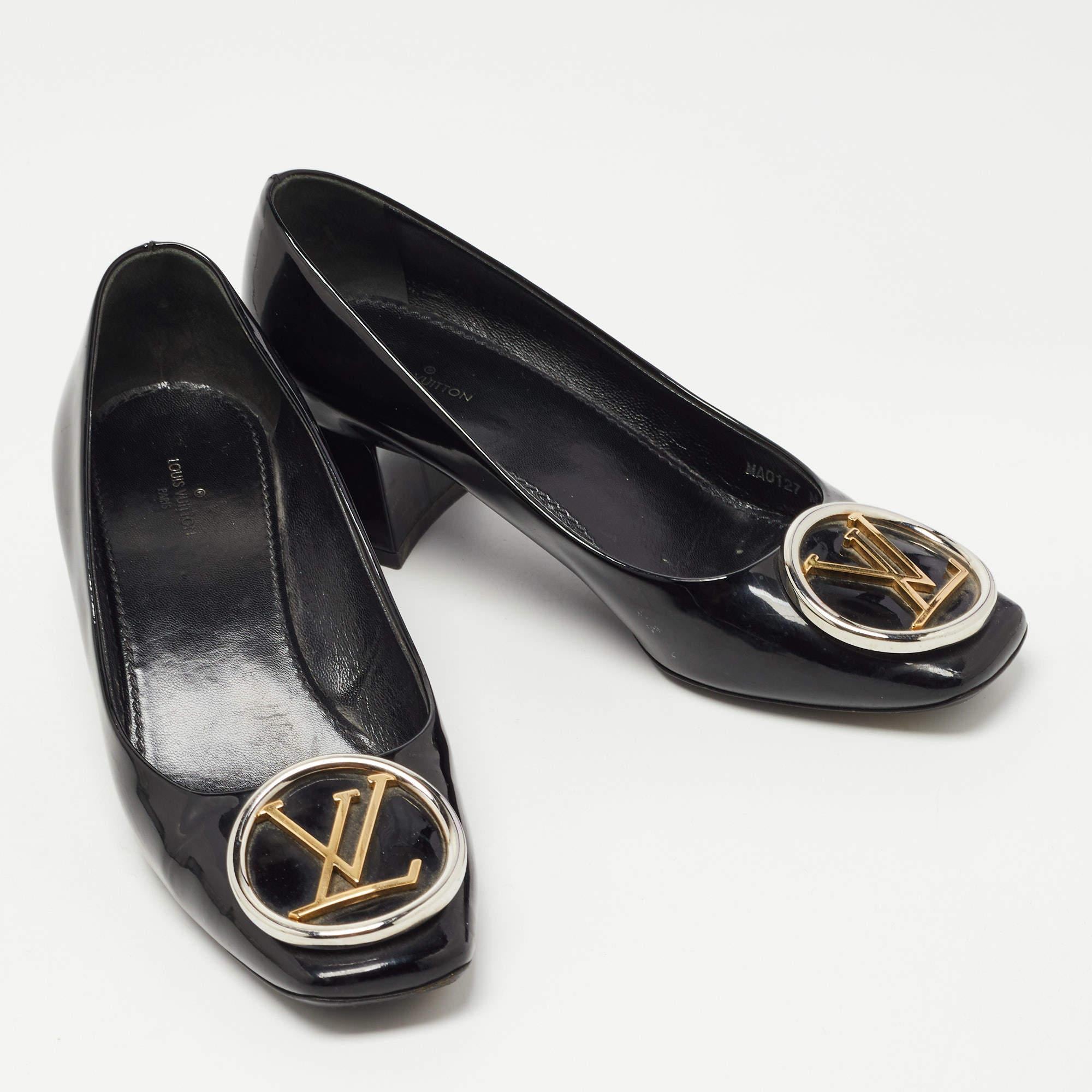 Louis Vuitton Black Patent Leather Madeleine Logo Block Heel Pumps Size 37 2