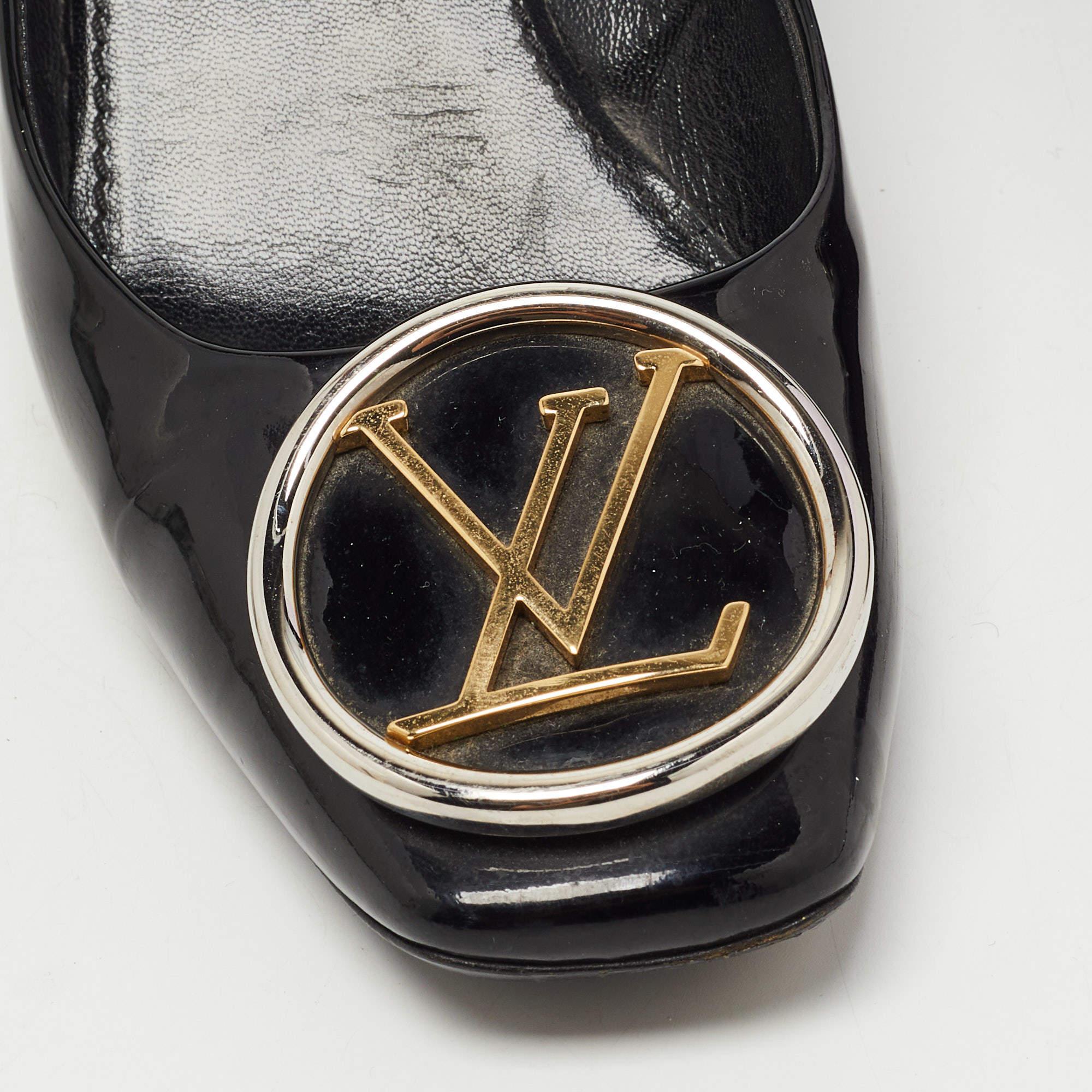 Louis Vuitton Black Patent Leather Madeleine Logo Block Heel Pumps Size 37 4
