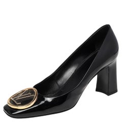 Louis Vuitton Black Patent Leather Madeleine Logo Block Heel Pumps Size 39