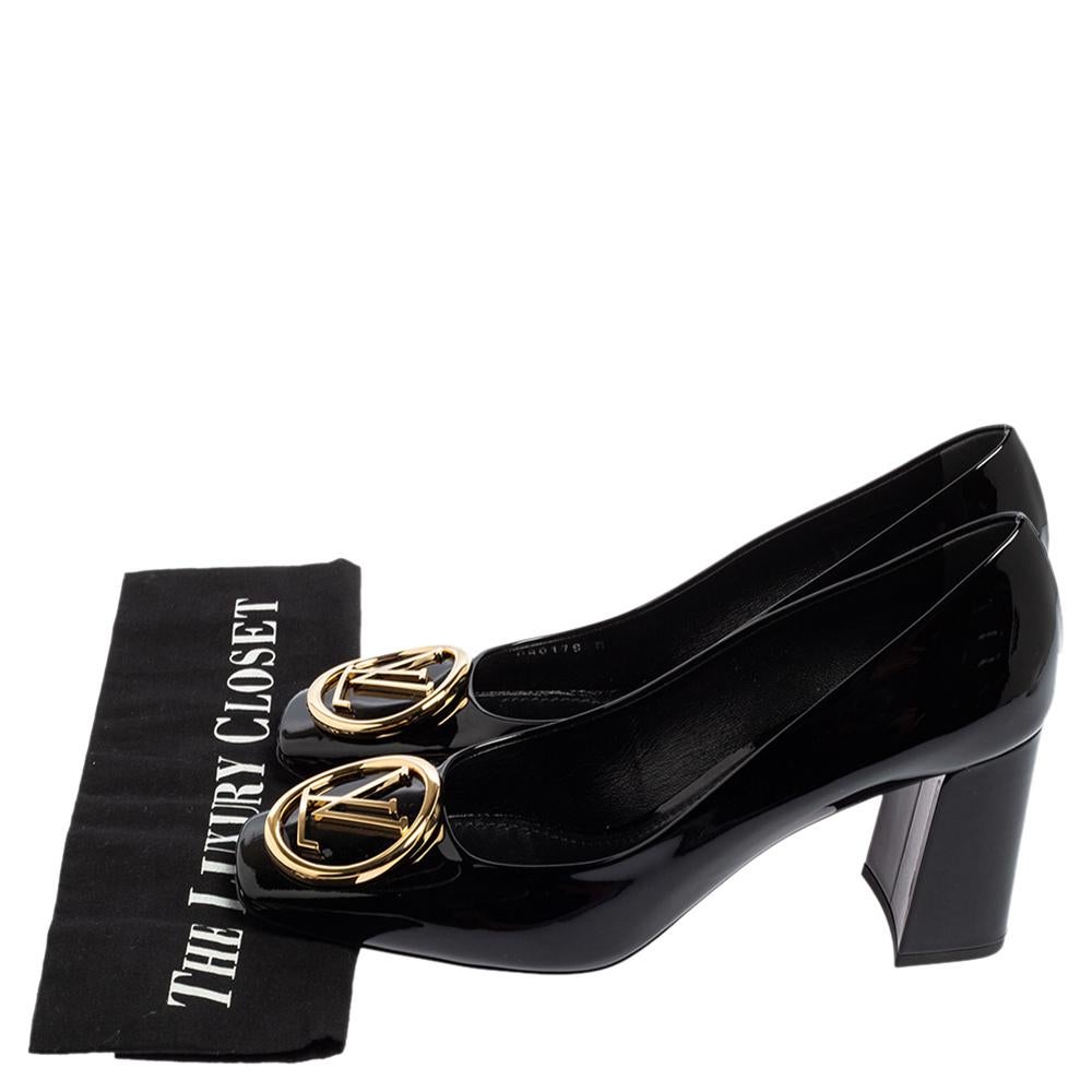 Women's Louis Vuitton Black Patent Leather Madeleine Logo Block Heel Pumps Size 40