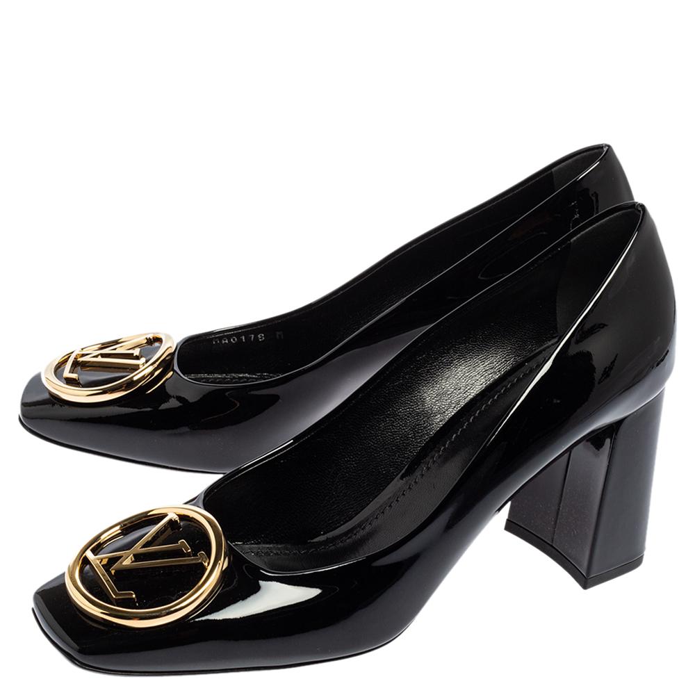 Louis Vuitton Black Patent Leather Madeleine Logo Block Heel Pumps Size 40 1