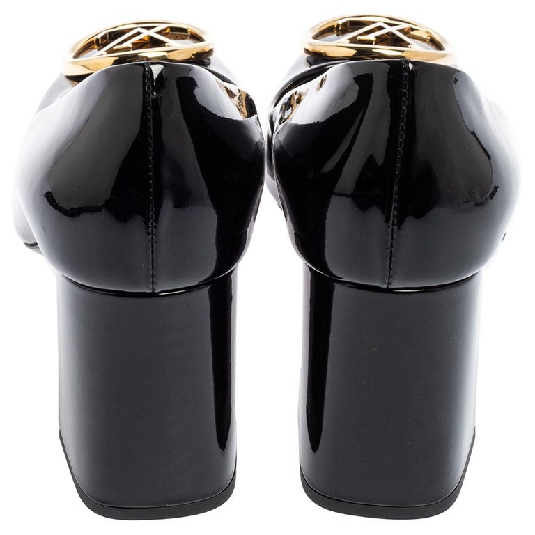 Louis Vuitton Black Patent Leather Madeleine Logo Block Heel Pumps
