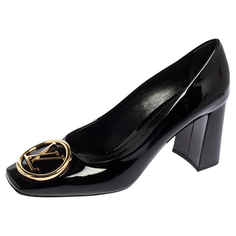 Louis Vuitton Black Patent Leather Madeleine Logo Block Heel Pumps Size 41